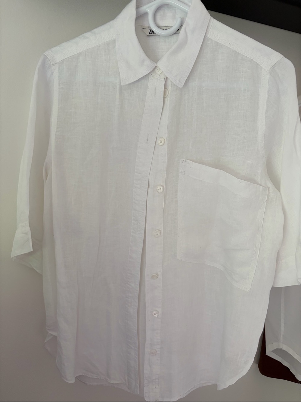 White Linen Button-Down Shirt with Pocket - Zara
